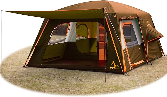 KTT Large Family Cabin Tent 10-12 Person,14.1X10X6.58ft,2 Rooms,3 Storage Pockets,2 Bay-Windows 3 Doors and 3 Windows with Mesh,Straight Wall,Waterproof,Double Layer,Big Tent for Outdoor,Camping