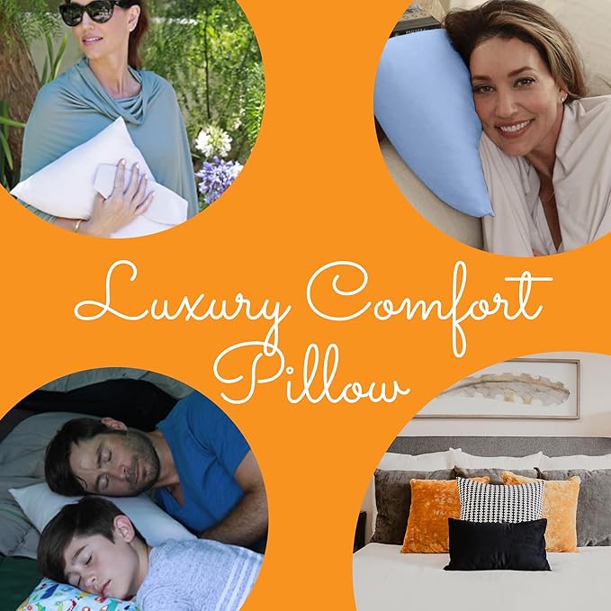 Happyluxe Odyssey Travel Pillow for Long Flights - Soft, Small, Alternative to Down and Memory Foam. 17 x 13in - Made in The USA, Serenity Blue Airplane Pillow for Adults Sleeping, Camping or Nap