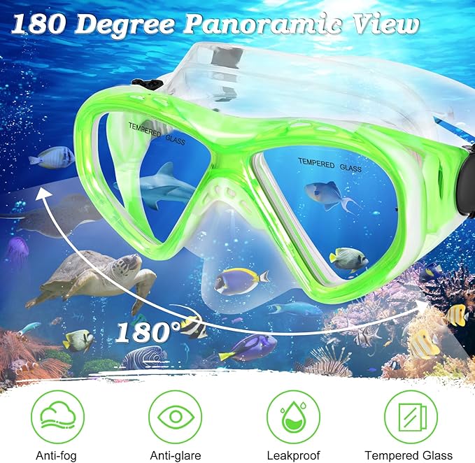 Kids Snorkel Set Dry Top Snorkeling Gear for Kids Youth Boys Girls Junior Age 5-15,Tempered Glass Swimming Diving Mask and Snorkel Set 180 Degree Panoramic View