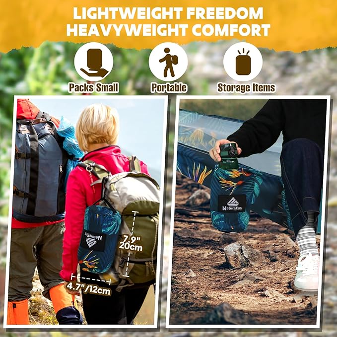 NATUREFUN Ultra-Light Travel Camping Hammock | 300kg Load Capacity,Breathable,Quick-Drying | 2 x Premium Carabiners,2 x Nylon Slings Included | Outdoor Indoor Garden