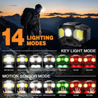 Rechargeable Headlamp with Red/Green/White 14 Modes, 1400 Lumens LED Head lamp Ultra-Bright Headlamp Rechargeable, Motion Sensor Headlamp with Memory Function, Ideal for Outdoor Camping, 1 Pack