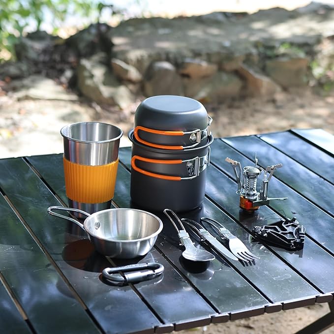 10Pcs Camping Cookware Mess Kit - 1.2L & 0.6L Camping Pots with Stove, Forks Knives Spoons, Sierra Cup, Canister Stand and 16Oz Stainless Steel Cup for Backpacking, Hiking, Outdoor Cooking