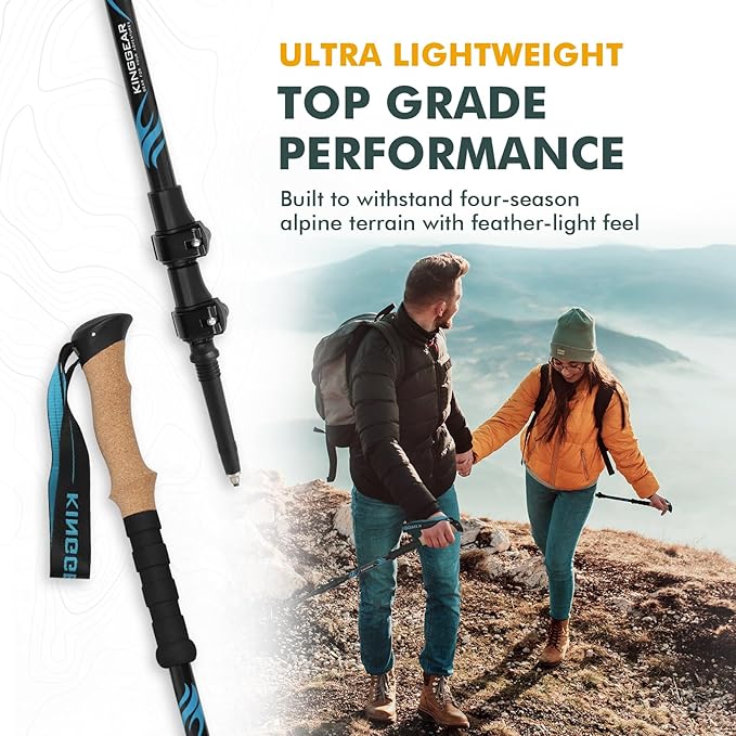 KINGGEAR TPC 100% Carbon Fiber Hiking Poles, Telescopic Retractable Nordic Trekking Poles, Ultra Lightweight Nordic Walking Stick, Metal Flip Locks, Cork and Extended EVA Handle
