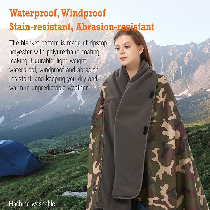 4-in-1 Large Camping Blankets - Waterproof, Windproof Fleece Outdoor Blankets for Stadium, Sports, Car, Concert - 81"x57", Portable (Camouflage)