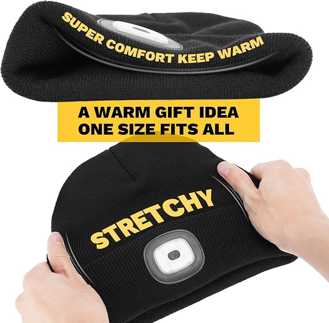 VIBELITE LED Beanie Hat with Light, USB Rechargeable LED Headlamp, Gifts for Men, Him, Husband, Boyfriend,Gifts for Dad, Husband, Father, Black
