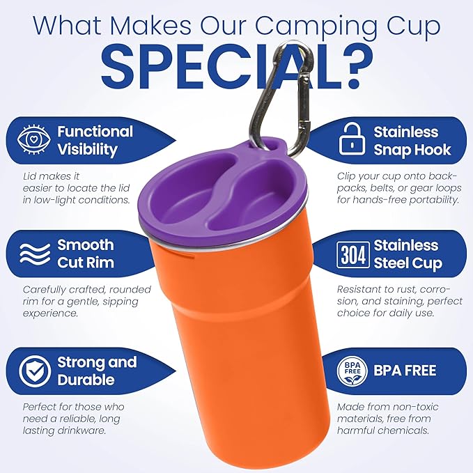 bzyoo Nesting Stainless Steel Camping Cup Set with Hook – 5-in-1 Stackable Durable 9oz Campstack Cup Set for Hiking, Backpacking & Outdoor Adventures (Orange)