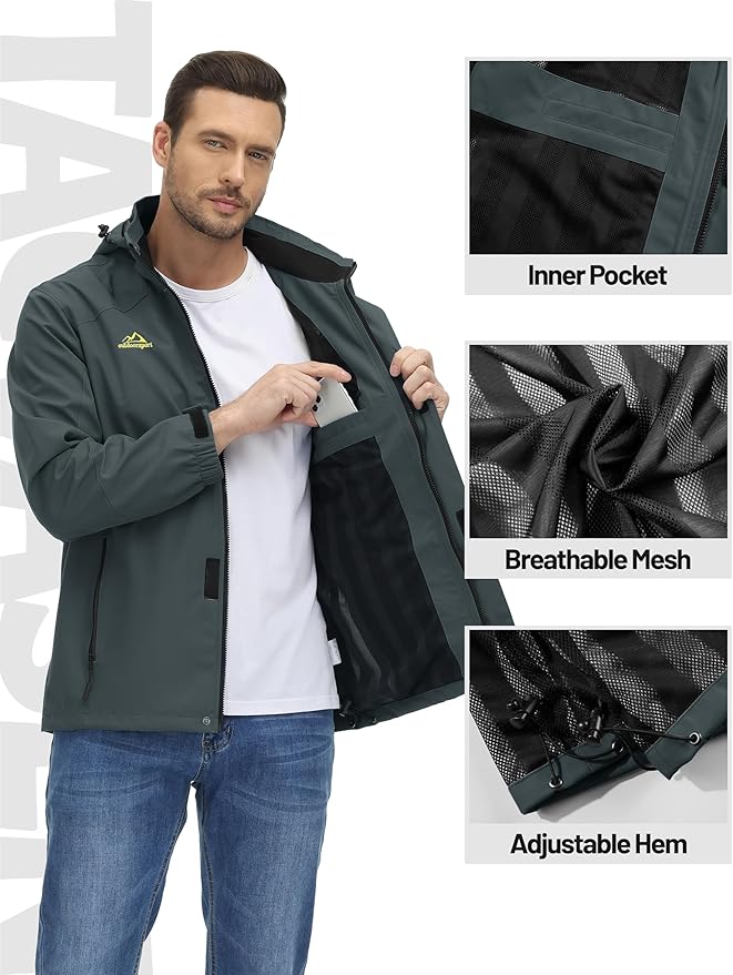 TACVASEN Men's Rain Jacket Lightweight Windbreaker with Hooded Water Resistant Outdoor Raincoat for Hiking Travel Camping