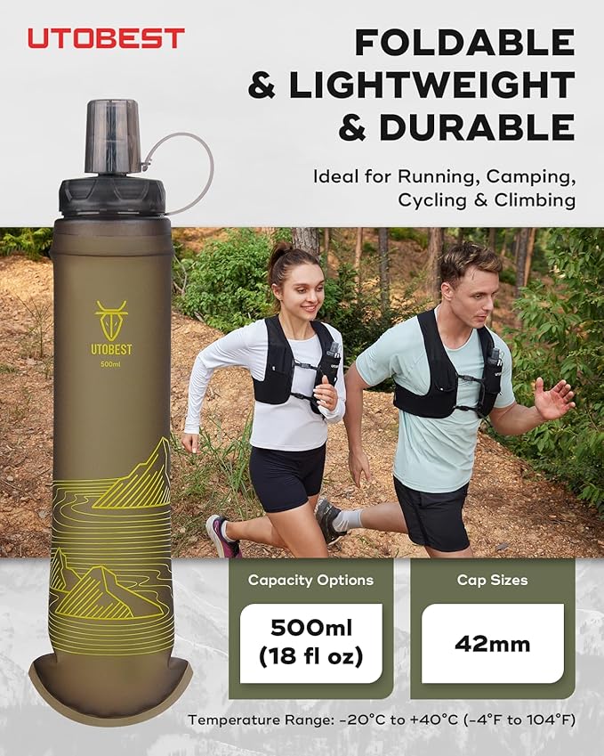 UTOBEST 500ml Soft Flask, 2 Pack Flexible TPU Hydration Water Bottle, Collapsible with 42mm Caliber for Running, Hiking, Cycling, Climbing, and Marathon Yellow