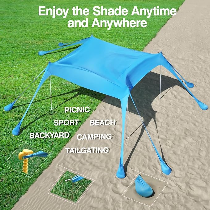 Rhino Valley Beach Tent Shade Canopy UPF50+ Protection, 8 Sandbags, 4 Stability Poles, Outdoor Sun Shelter Umbrella for Sand, Camping, Fishing Essentials