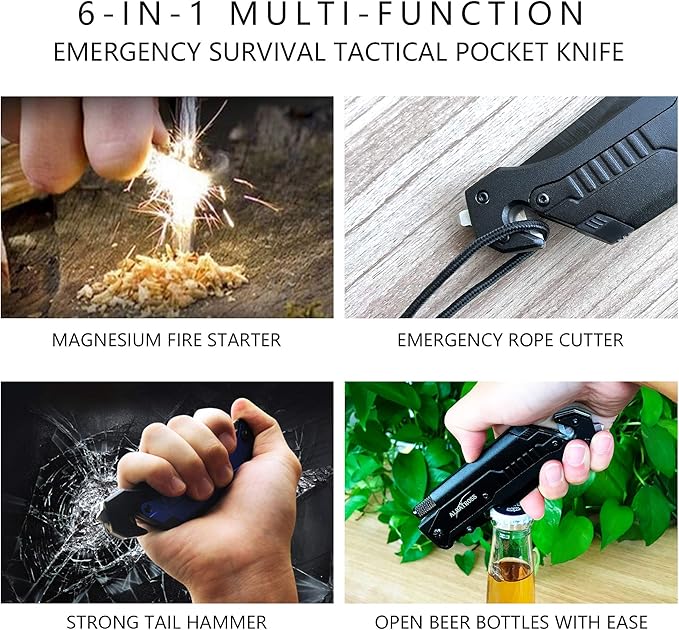 ALBATROSS 6-in-1 Survival Tactical Military Folding Pocket Knives with LED Light,Seatbelt Cutter,Glass Breaker,Magnesium Fire Starter,Bottle Opener;Multi-Function Emergency Tool(Black)