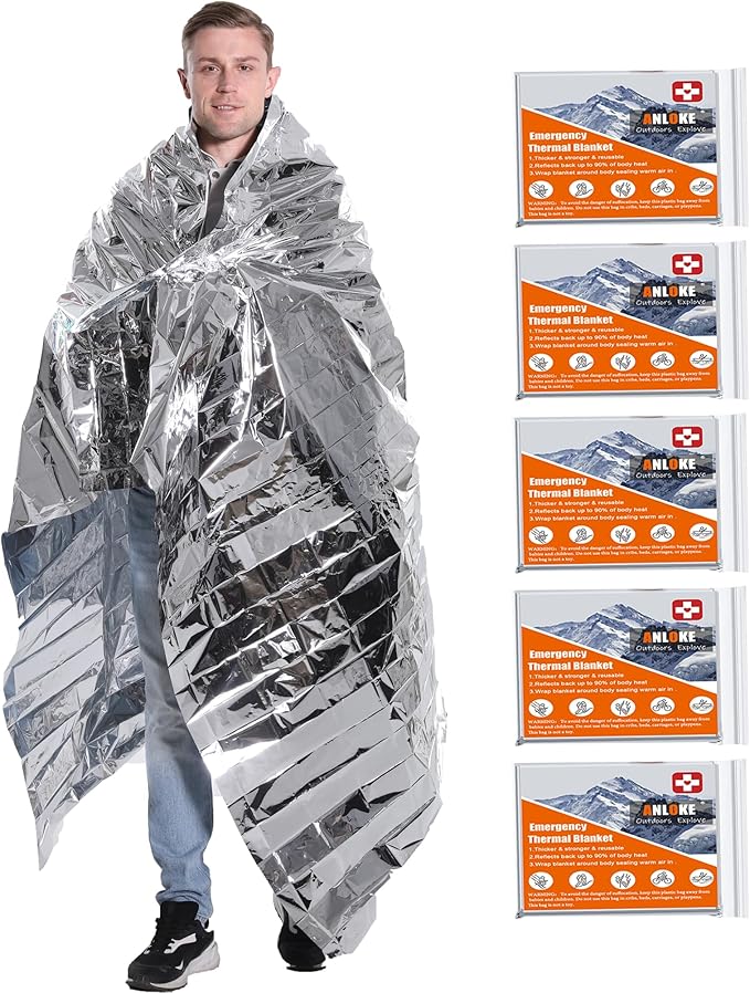 Emergency Blankets Mylar Thermal Blanket-(5 Pack) of Gigantic Space Blanket 82 * 64 in. Survival Blankets Heavy Duty Camping Gear,First Aid…