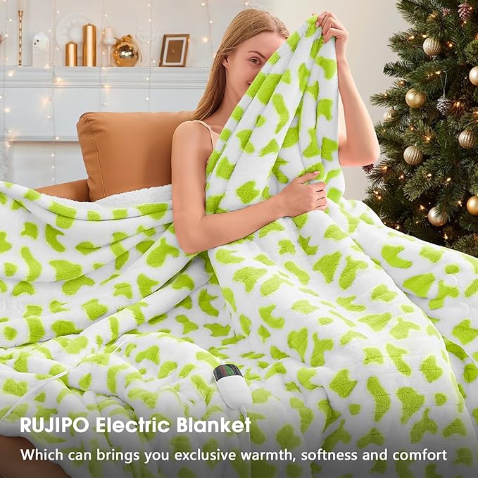 Green Cow Heated Electric Blanket Throw, 50X60 Heating Blanket with 10 Heats Levels & 8 Hours Auto Off, Cute Christmas Yoga Gifts for Women Teen Girls Mom Pets, Home Decor for Living Room Bedroom