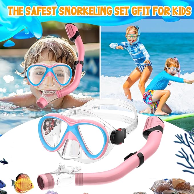 Kids Snorkel Set, Dry Top Snorkeling Gear for Kids, Diving Mask for Youth Boys Girls Age 5-15, Tempered Glass Swimming Goggles Combo Set, Anti-Fog Panoramic View Kids Snorkel Set