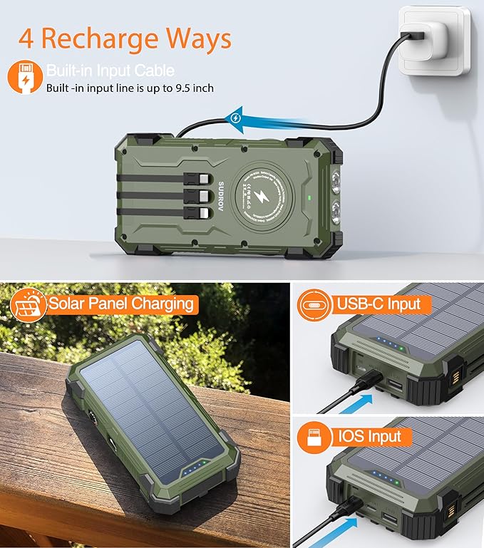 Solar Power Bank 42,800mAh, 15W Wireless Portable Charger with Built-in Cables, Outdoor Solar Battery Pack with LED Flashlight, Fast Charging for iPhone, Samsung, iPad etc