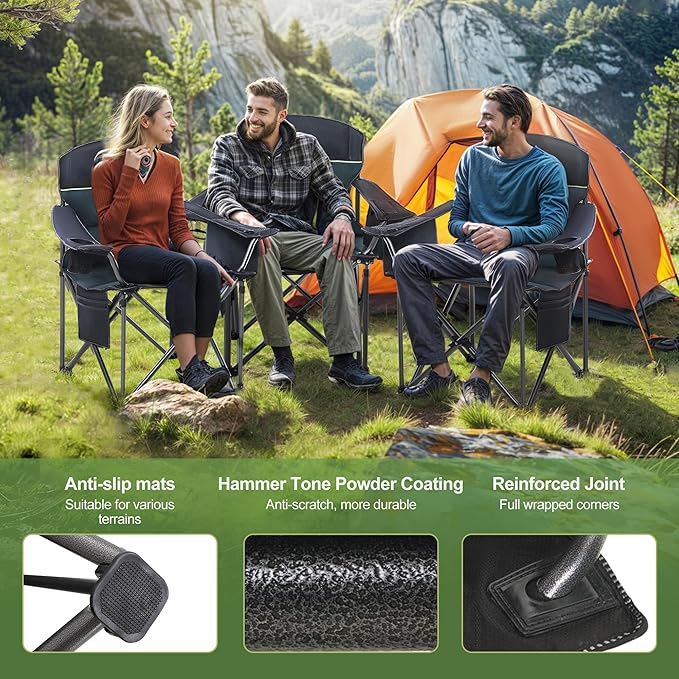 LET'S CAMP Oversized Folding Camping Chair Portable Outdoor Heavy Duty Padded Chairs Lawn Chair with Cup Holder, Storage Pocket and Cooler Bag, Supports 450LBS, for Camp, Travel, Picnic,2 Pack(Green)