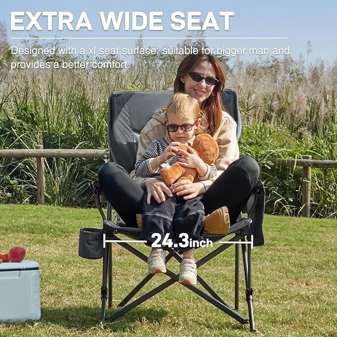 EVER ADVANCED Oversized Folding Camping Chair, for Adults Heavy Duty Lawn Chair with Side Pockets, Portable Collapsible Quad Chair for Outside, Support Up to 500lbs, Grey