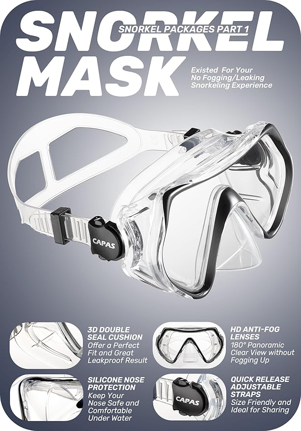CAPAS Snorkel Mask Fins Set, Travel Size Snorkeling Gear for Adults with Adjustable Fins, Diving Mask and Dry Top Snorkel, Come with a Carrying Bag