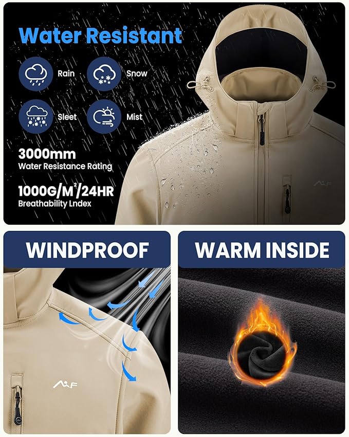 WULFUL Men's Softshell Jacket Waterproof Lightweight Insulated Windbreaker Fleece Lined Rain Shell Jacket for Hiking Travel
