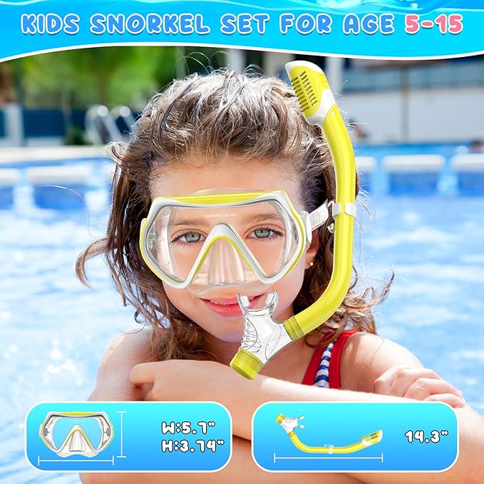 Snorkeling Gear for Kids, Kids Snorkel Set for Ages 6-14, Dry Top Snorkel, Mask Set Kid Swimming Goggles Diving Mask Combo Set Anti-Fog Panoramic View Scuba Packages