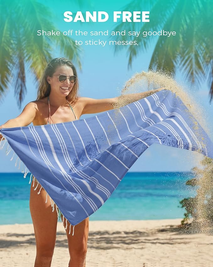 2 Pack Turkish Beach Towels Vacation Essentials with Bag Quick Dry Sand Free Soft Absorbent Adult Bath Pool Swim Long Wide Stripe Towel Cloud Linen Sandfree Mat Summer Thing Lightweight Travel Blue