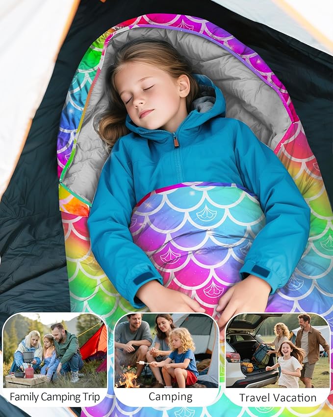 Kids Sleeping Bag for Kids Girls, 3 Season Warm Cool Weather Waterproof Lightweight Camping Sleeping Bag with Carry Bag for Indoor Outdoor Camping Hiking Traveling