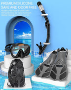 Snorkeling Gear for Adults Men Women,4 in 1 Snorkel Set with Panoramic View Diving Mask Anti-Fog Anti-Leak,Dry Top Snorkel,Fins and Travel Bag for Swimming,Snorkeling and Travel Diving