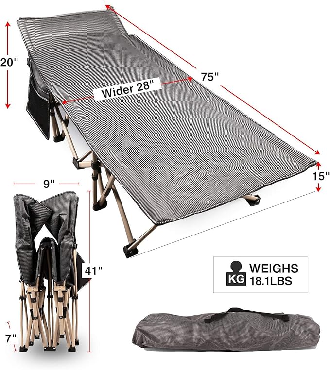 REDCAMP Oversized Camping cots for Adults 500lbs, Extra Wide Sleeping Cots Tall Sleeping Cots Heavy Duty, XL Cots Portable for Outdoor Indoor Office, Grey