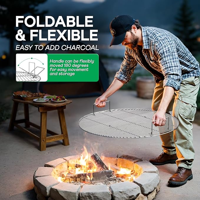 IDZO Foldable Stainless Steel Fire Pit Cooking Grill Grate – Heavy-Duty Portable Campfire BBQ Cooking Rack – Outdoor Camping & Backyard Fire Pit Accessory – 36-Inch Cooking Surface