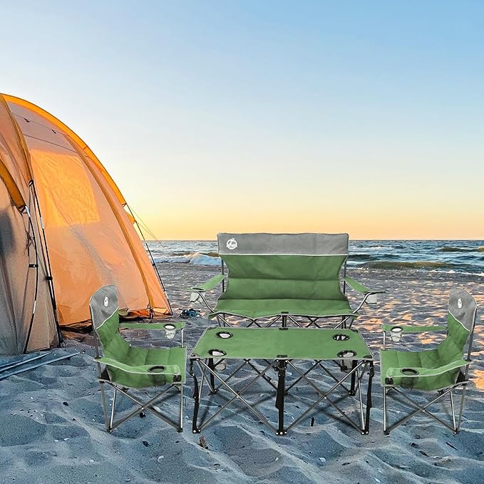 Northroad Folding Camping Chair Set of 4, Portable Collapsible Conversation Set w/1 Sofa, 2 Single Chairs, 1 Table for Family Patio, Outdoor Travel, Beach(Green)