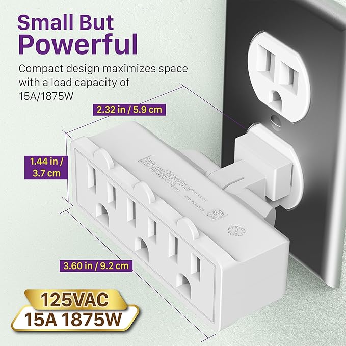 Fosmon 3 Outlet Adapter, 3 Way Rotating Outlet Plug Adapter, Swivel Plug Outlet 90 Degree Right Angle Plug Adapter, Three Way Rotating Electrical Outlet Wall Extender Indoor, 3-Prong, Grounded