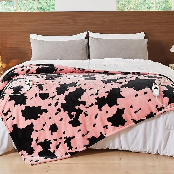 Cow Print Electric Heated Blanket Queen Size,84X90 Light Pink Heating Blanket Queen With Dual Control&Timer&10 Heat Levels,Highland Cow Decor Sherpa Blankets Warmer Gifts for Bed Women Adults,ETL