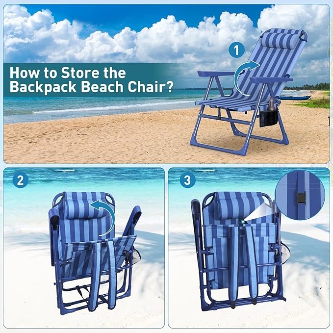 Suteck Backpack Beach Chair for Adults - 6-Position Folding Reclining Chair with Cooler Bag & Cup Holder, Lightweight Portable Beach Chair for Camping, Outdoor, Sand, Travel Use