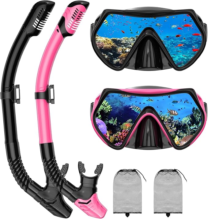 Snorkeling Gear for Adults, Adult Snorkel Mask Set Scuba Diving Dry-Top, Swimming Goggles w/Nose Cover, HD Tempered Glass Panoramic Anti-Leak Anti-Fog, Travel Snorkeling Packages Storage Bag, 2 Pack