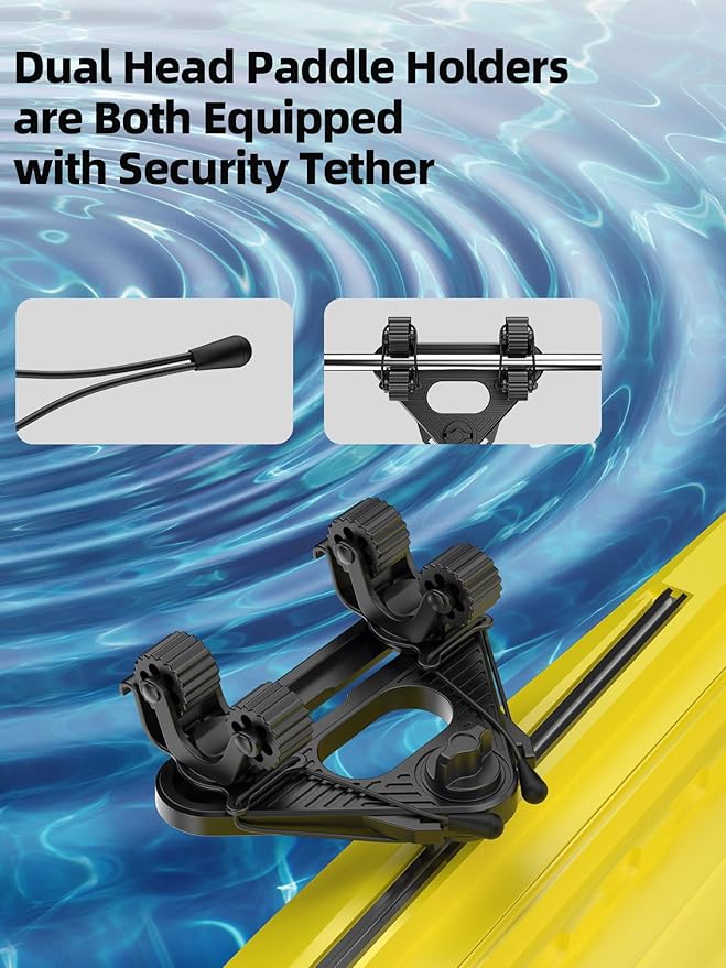 Doubleheader with Dual Kayak Paddle Holder, Kayak Paddle Holder with Two Security Tethers, Multi-Functional Dual Head Kayak Track Mount Accessories - Kayak Oar/Fishing Net/Gaff Holder for Fishing
