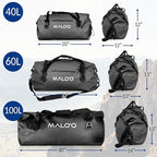 Malo'o Waterproof Dry Bag Duffel 40L/60L/100L, Roll Top Duffel Keeps Gear Dry for Kayaking, Rafting, Boating, Swimming, Camping, Hiking, Beach, Fishing - Internal & External Pockets