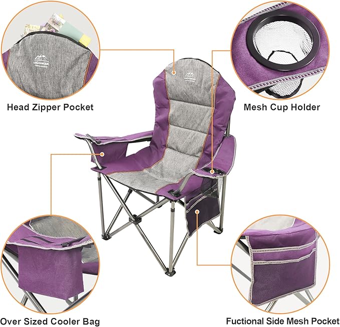 Camping Chairs for Adults,High Back Folding Camp Chair with Cup Holder and Cooler Bag,Heavy Duty Outdoor Lawn Chairs,Perfect for Camping,Hiking,Picnics,and Beach Trips,Purple
