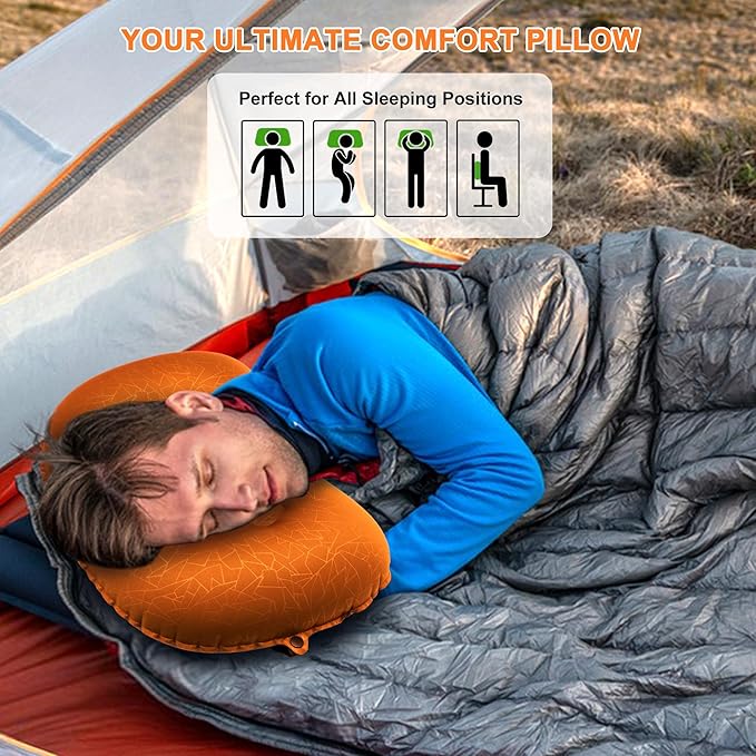 Inflatable Camping Pillow, Travel Blow Up Air Pillow, Neck Lumbar Support Ultralight Compact Pillow for Outdoor Hiking Backpacking Car Beach Airplane Sleeping Essentials, Orange
