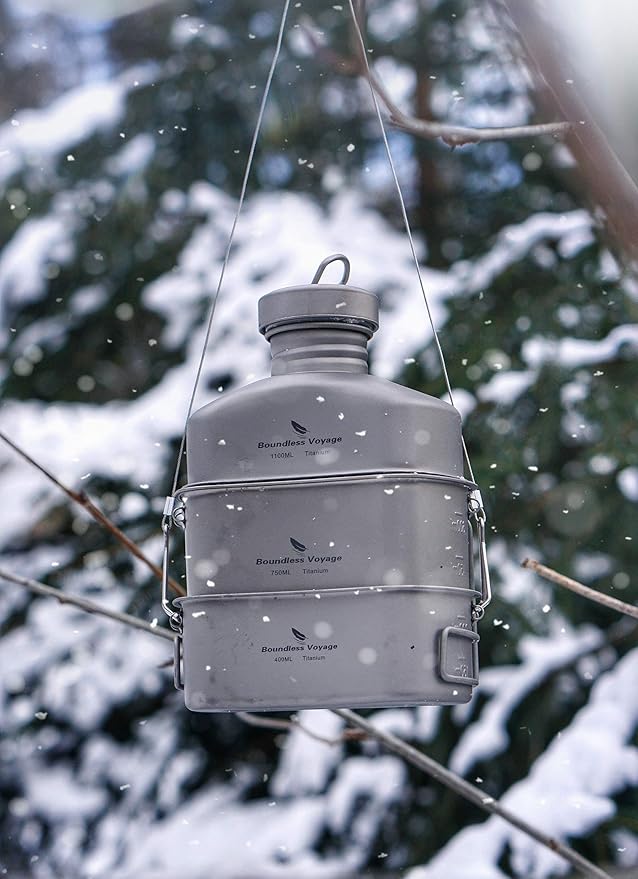 Boundless Voyage Titanium Canteen Mess Kit with Camouflage Bag Large Capacity Kidney-Shaped Camping Pot Pan Set with Lid & Hanging Chain