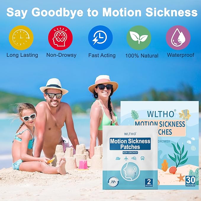30ct Motion Sickness Patches Non Drowsy, Sea Sickness Patch for Cruise Travel Essentials, Waterproof Patches Behind Ear, Custom Seashell Pattern, Long Last 72H