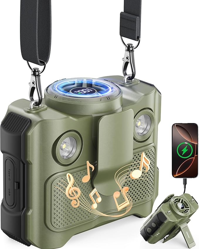 BLAVOR Portable Waist Fan, 5 Speeds Rechargeable Fan with Bluetooth Speaker & Flashlight, 40H Runtime, 16000RPM Strong Airflow, Personal Cool Clip Fans Under Shirt Belt for Outdoor, Work, Camping