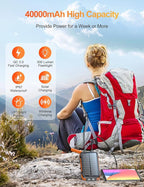Solar Charger Power Bank, 40000mAh Wireless Portable Charger QC3.0 PD 20W Fast Charging with USB-C in/Output, External Battery Pack with Dual Flashlights Hiking Camping Essential