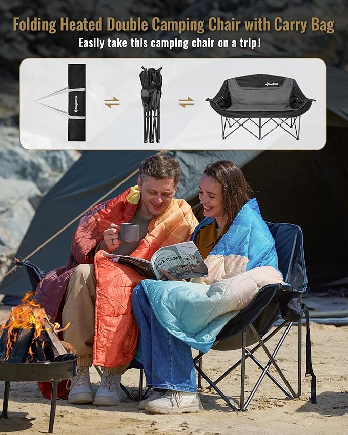 KingCamp Double Camping Chair, Oversized Heavy Duty Loveseat for Adults Portable Folding XL 2 Person Couch Padded Comfortable Two Seat with Cup Holder for Outdoor Lawn Backyard