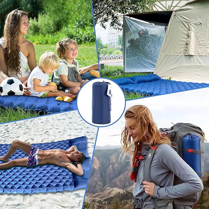 ONTYZZ Double Inflatable Sleeping Mat 2 Person Camping Sleeping Pad Waterproof Sleeping Pad with Built-in Foot Pump for Camping, Navy Blue
