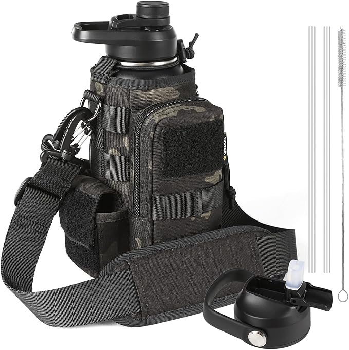 32 Oz Insulated Water Bottle - Stainless Steel Tactical Flask With Straw Lid & Chug Cap, Metal Military Water Bottle With Rugged, Removable Sleeve Can Place Items for Hiking Camping Hunting