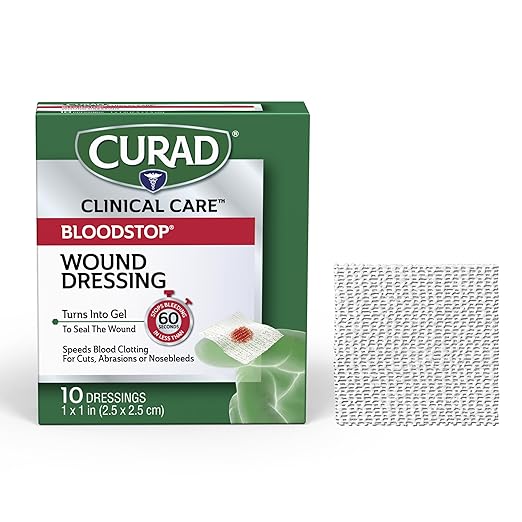 CURAD BloodStop Wound Dressing, 1” x 1”, Hemostatic Gauze Helps Stop Bleeding Quickly, For Cuts, Abrasions or Nosebleeds, 10 Count