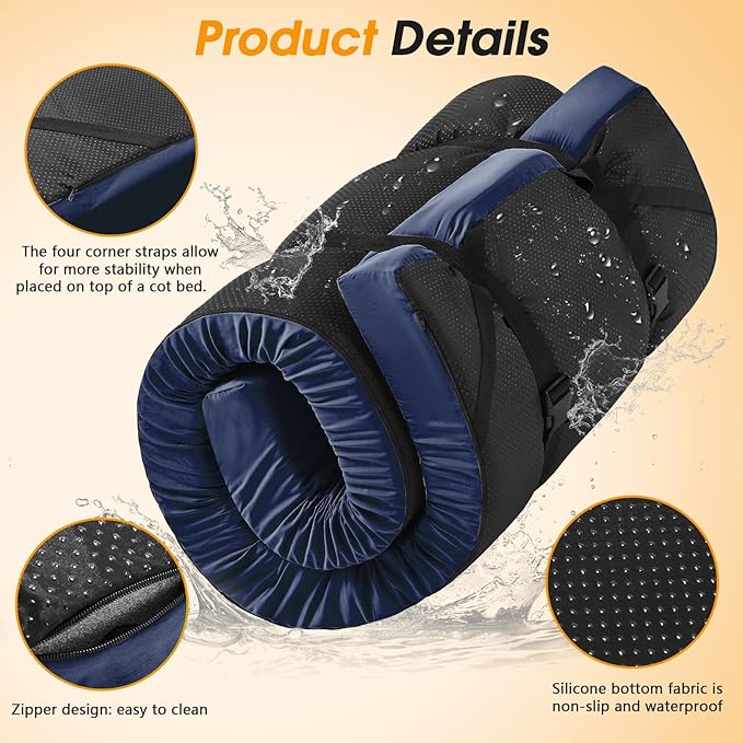 CYMULA Camping Cot Mattress 2in Memory Foam Sleeping Pad,Soft Warm Non-Slip Camping Mattress Topper with Retaining for Adults,Portable Roll up Pad for Travel(75 x30)（only Mattress）