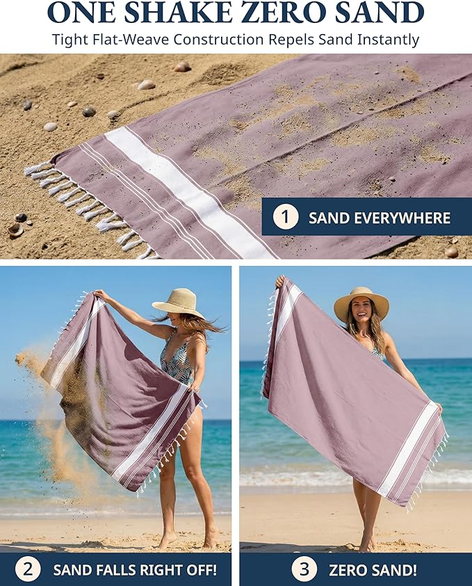 LANE LINEN Turkish Beach Towels, 2 Pack Extra Large Beach Towel, Pre-Washed for Soft Feel, Oversized Sand Free Quick-Dry Pool Towel, Beach Towels for Adults, 39"x71" - Wistful Mauve