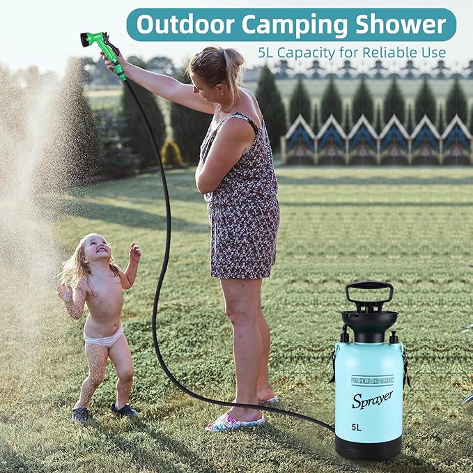 Finderomend Portable Shower for Camping with 7 Spray Modes, Hand Press Camping Shower with Removable Hose and Shower Head,Pressure Rinse Kits for Hiking Traveling Garden Beach Pet Shower