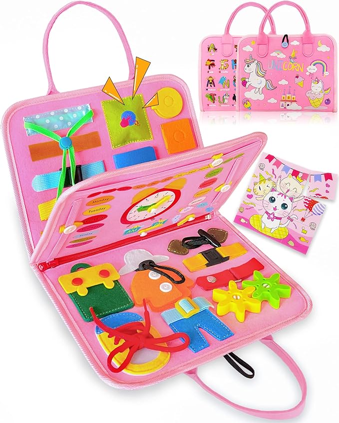 Exorany Busy Board Montessori Toys for Toddler Girls & Boys Birthday Gifts, Sensory Toys for Toddlers, Educational Travel Toy, Preschool Activities for Learning Fine Motor Skills