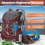 RAINSMORE Foldable Hiking Backpack for Women Men Packable Camping Backpack 40L Waterproof Hiking Daypack Bag Lightweight Collapsible Daypack for Travel Trekking Mountaineering Large Capacity Red